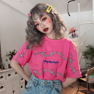 Harajuku Women's T-Shirts Thorns Pattern Streetwear T Shirt Loose Short Sleeve Unisex Tees Couple Clothes Grunge Tumblr Tops