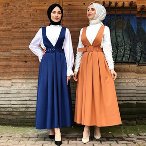 Muslim Maxi Long Skirt  For Dubai Women Fancy Jumpsuit With Belt Black Abaya Large Size large swing Blue Pink Skirt  Robe