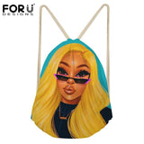 FORUDESIGNS Drawstring Bags for Women Black Art African Girls Printing Beach Bag Ladies Mini String Bagpack Children Book Bags