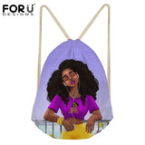 FORUDESIGNS Drawstring Bags for Women Black Art African Girls Printing Beach Bag Ladies Mini String Bagpack Children Book Bags