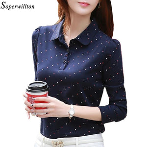 100% Cotton Polo Shirt Women Long Sleeve Shirt Office Work Wear Lady 2019 Spring Autumn Polka Dot Top Female Slim Plus Size G8