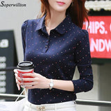100% Cotton Polo Shirt Women Long Sleeve Shirt Office Work Wear Lady 2019 Spring Autumn Polka Dot Top Female Slim Plus Size G8