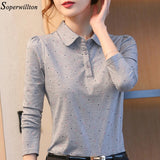 100% Cotton Polo Shirt Women Long Sleeve Shirt Office Work Wear Lady 2019 Spring Autumn Polka Dot Top Female Slim Plus Size G8