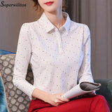100% Cotton Polo Shirt Women Long Sleeve Shirt Office Work Wear Lady 2019 Spring Autumn Polka Dot Top Female Slim Plus Size G8