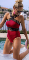 2019 Sexy One Piece Swimsuit Women High Neck Bandage Cross Back Neck Monokini Black Swimwear Women Bathing Suits Swimming Suit
